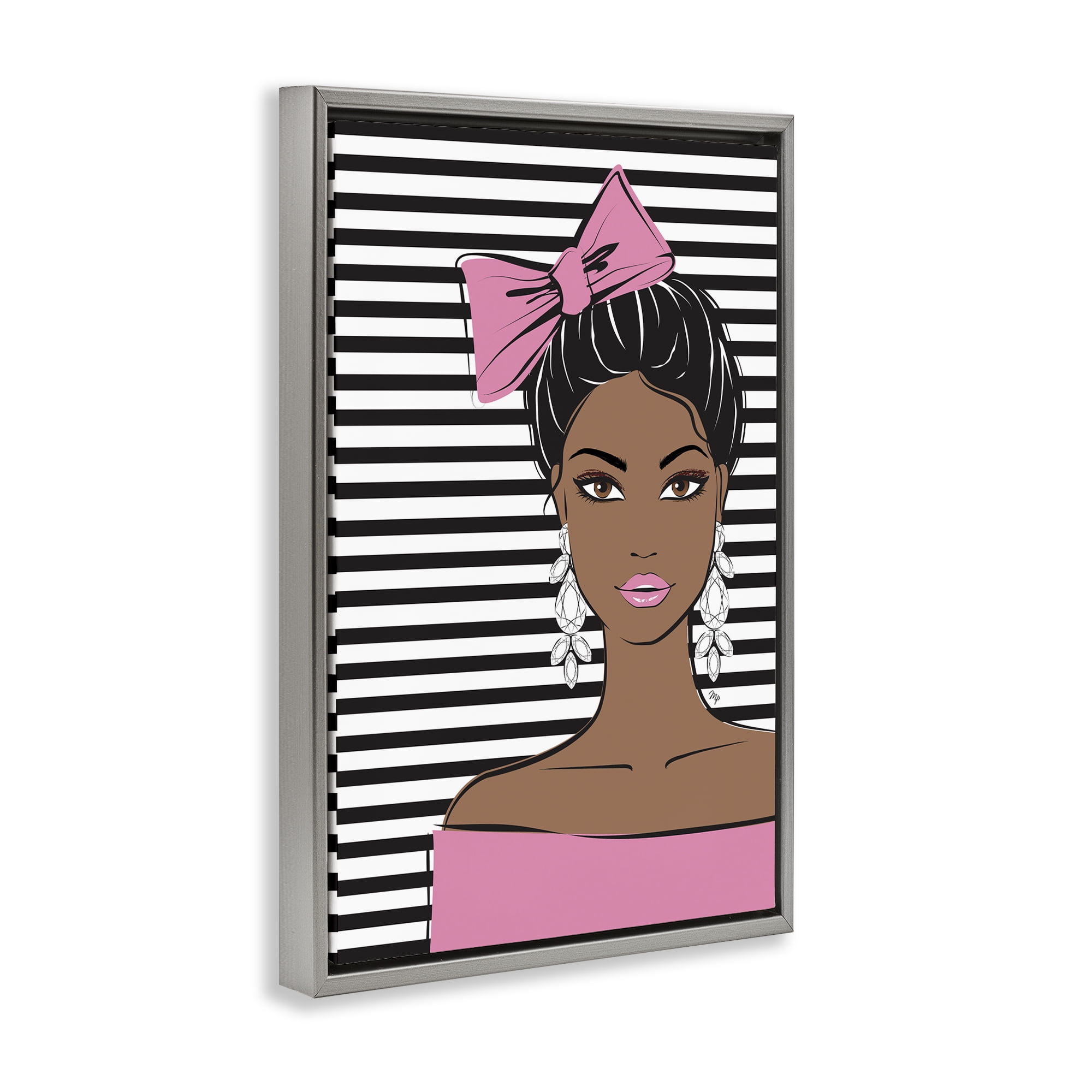 Stupell Industries Girl with Bow & Jewel Earrings Gray Framed Floater Canvas Wall Art, design by Martina Pavlova