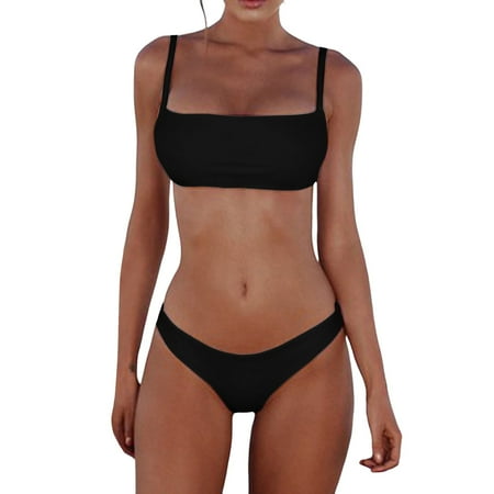Cathalem Womens Swimsuits Women s Sexy Thong Bottom Two Piece Bikini Double Shoulder Straps Cute Swimsuit Triangle Bathing (Black S)