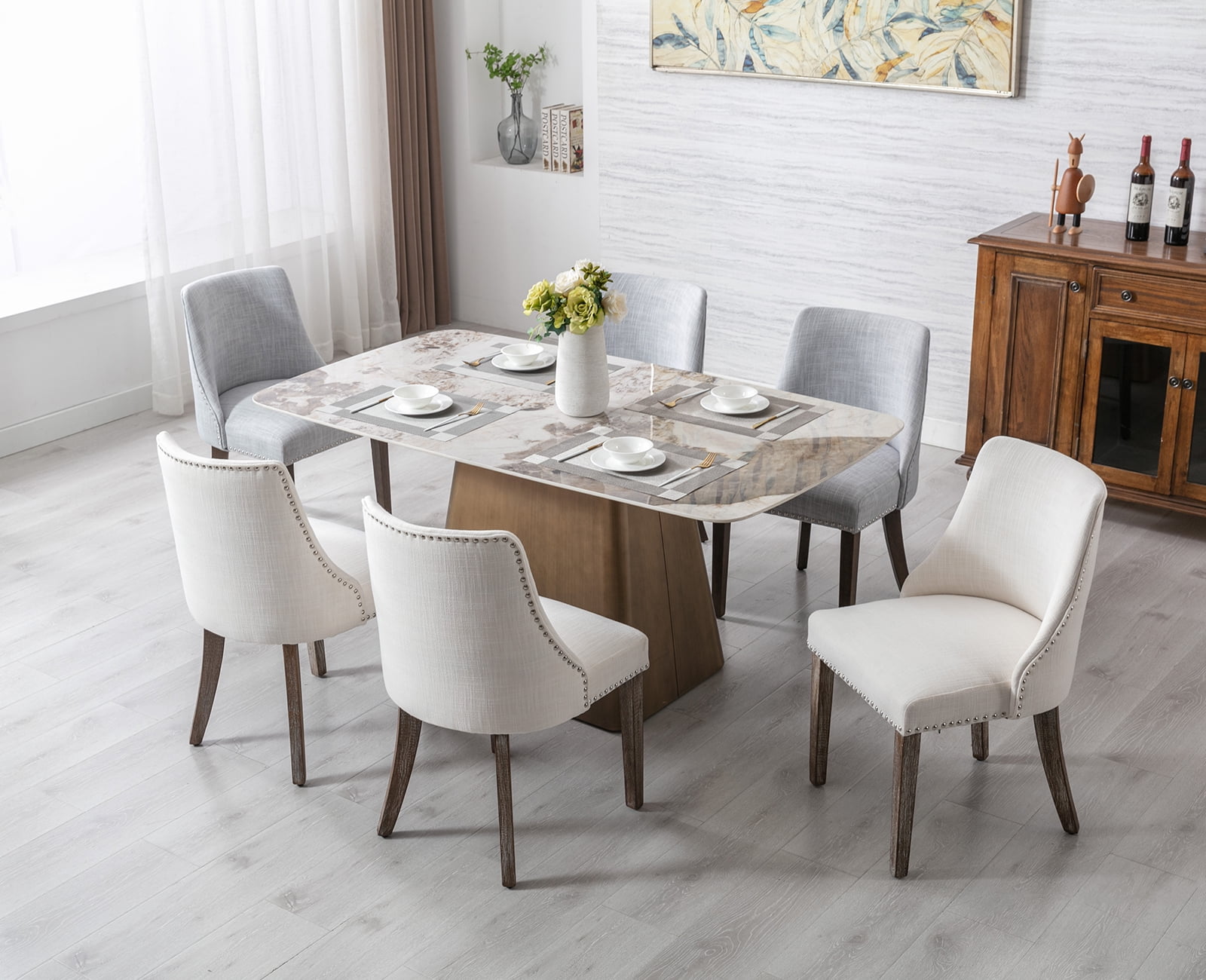 Guyou Dining Chairs Set of 2, Mid Century Modern Linen Upholstered Farmhouse Side Chairs with Nailhead and High Back for Kitchen Restaurant, Cream