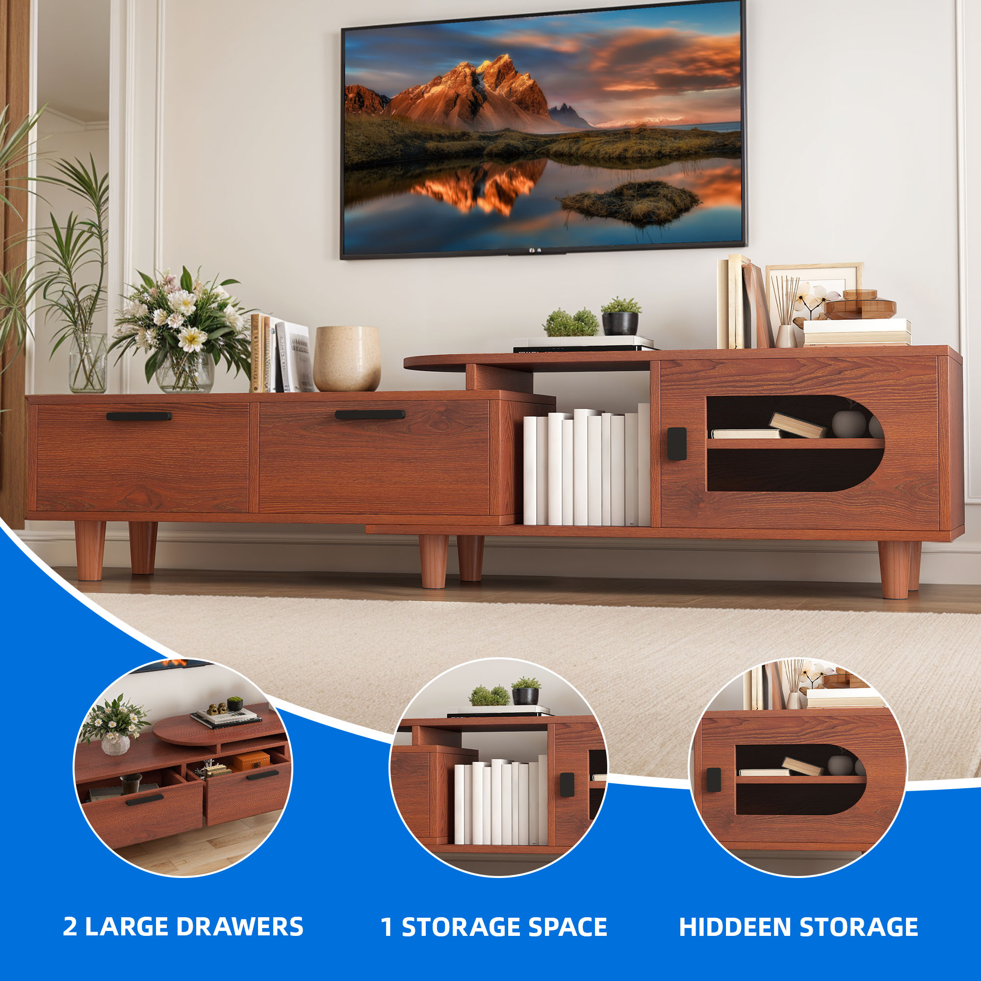 Dextrus Extendable TV Stand with 2 Drawers & Cabinet, Adjustable Corner Entertainment Center