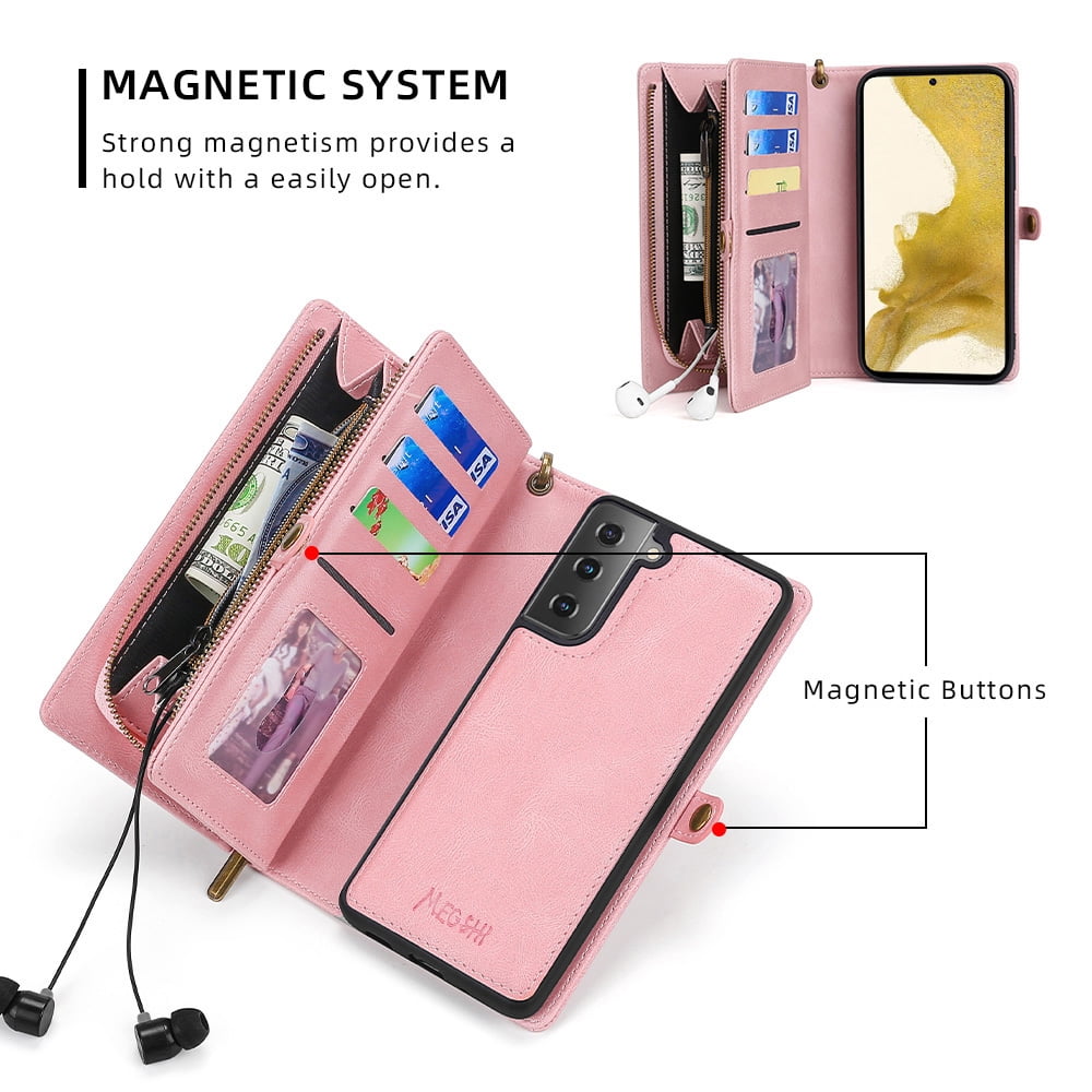 Allytech Case for Samsung S22 Cover for Galaxy S22 2022(6.1"), Durable PU Leather Magnetic Flip Lanyard Wristlet Strap Zipper Card Holder Phone Wallet Case for Galaxy S22 [5G], Pink