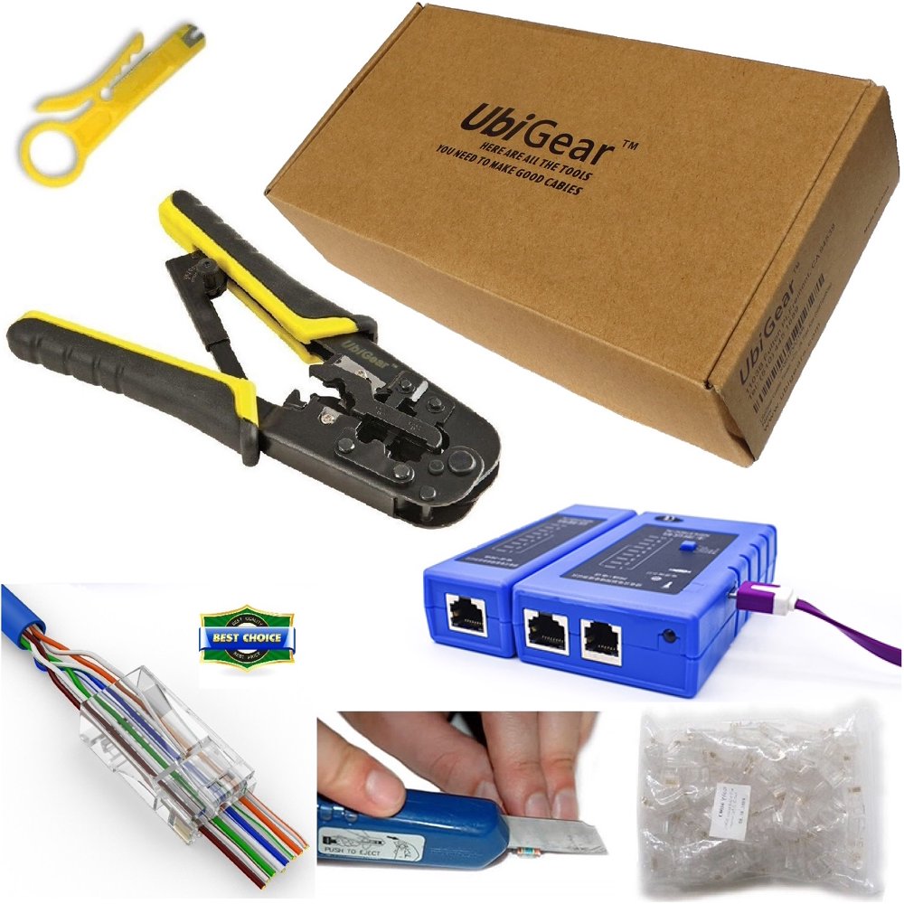 UbiGear Cable Tester + Crimp Crimper +100 Pcs RJ45 CAT5e Connector Plug