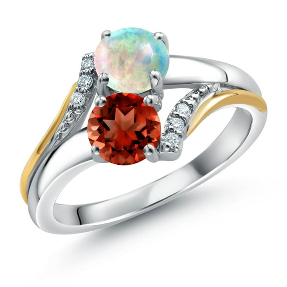 10K Yellow Gold and 925 Silver Red Garnet and Simulated White Opal and White Lab Grown Diamond Accent Engagement Ring for Women (1.53 Cttw, Gemstone January Birthstone, Round 5MM, Size 9)