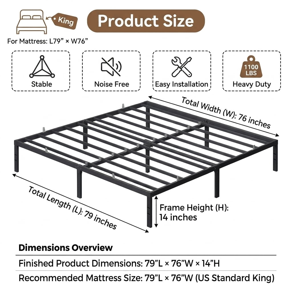 LEDREM King Size Metal Frame, Heavy-Duty Platform Bed with Under-Bed Storage, Easy Assembly for Bedroom, Black