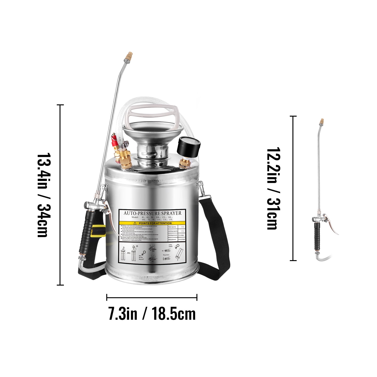 KFFKFF 1G Stainless Steel Sprayer, Full Set with 12" wand& handle& 3.3" Reinforced Hose, Hand Pump Sprayer with Pressure Gauge&Safety Valve, Adjustable Nozzle Suitable for Gardening and Sanitizing