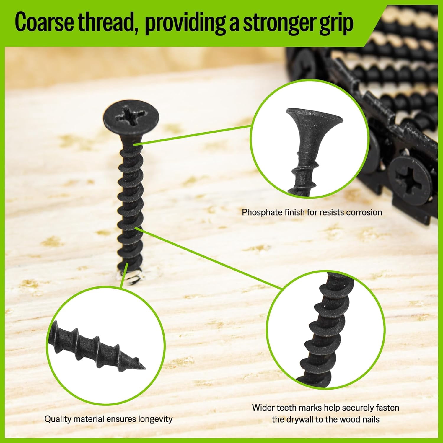 MEITE Collated Drywall Screws, 1-1/4 Inch Coarse Thread Wood Screws, 1,000 Count