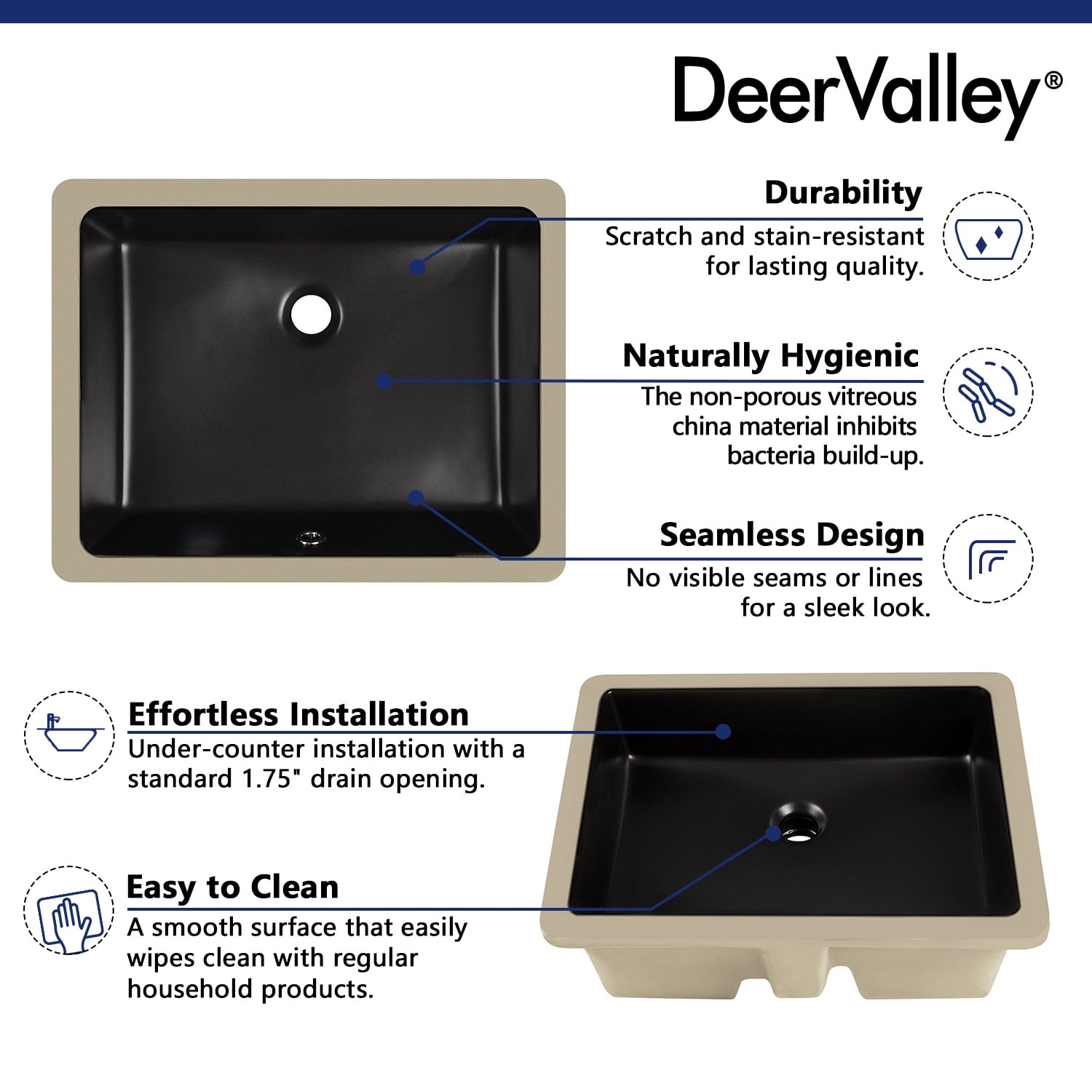 DV-1U201B DeerValley Ursa 19" X 15" White Rectangular Vitreous China Undermount Bathroom Sink with Overflow