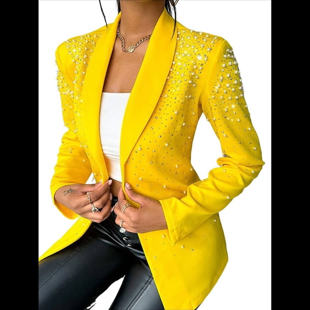 Blazer de Negocios para Mujer, Chaqueta de Traje de Larga con Abertura Frontal, Abrigo con Botones de Diamantes de Imitación, Ropa de Oficina Amarillo S