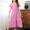 thumbnail image 4 of Girls Cotton-Linen Dresses 4-14 Years Short Sleeve Crewneck High Waisted Teens Juniors Lightweight Solid Color Layered Breathable Midi Dress, 4 of 7