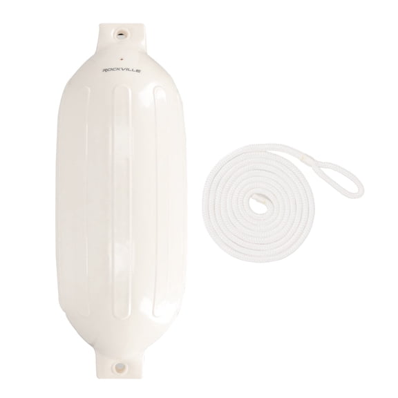 Rockville FEN110 Inflatable Marine Boat Fender Bumper with 10ft Line, 10in x 30in, White