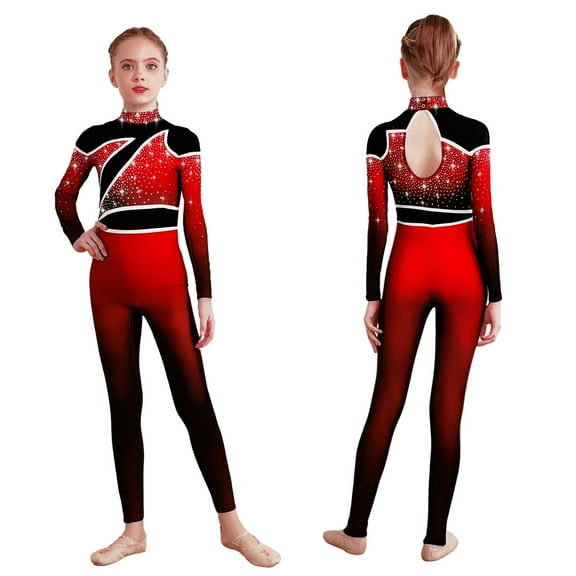 iiniim Girls Kids Sparkly Color Block Gradient Long Sleeve Figure Skating Gymnastics Leotard Full Body Jumpsuit Bodysuit Red 8