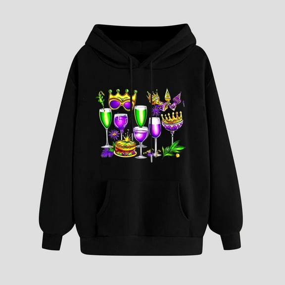 Mardi Gras Hoodies Sweatshirt Women Classic Mardi Gras Printed Loose Long Sleeved Hooded Sweatshirt With Pocket Black XXL