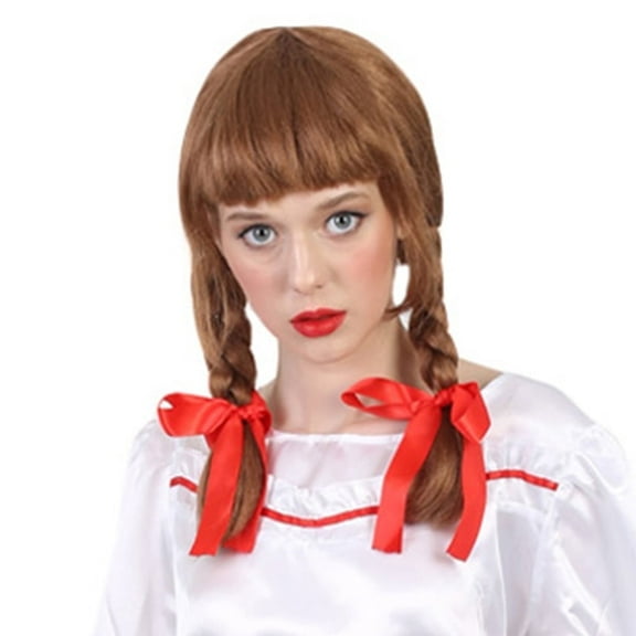 HPO Adult Women's Brown Pigtail Wig, Evil Doll Wig with Red Ribbons Movie Icon Halloween Cosplay Wig