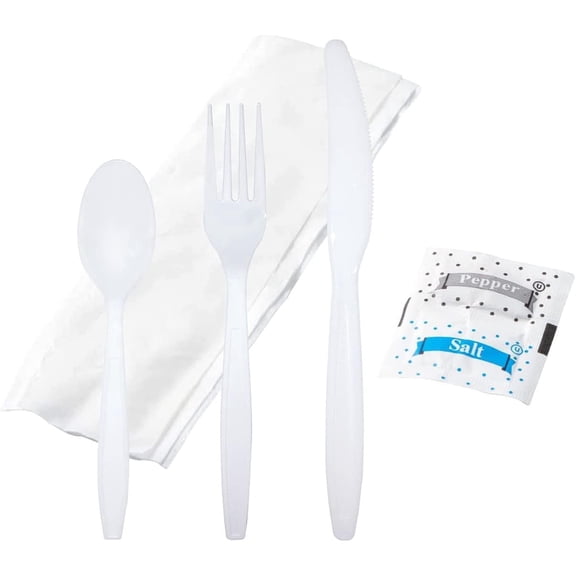 Bulk Heavy Weight Cutlery Individually Wrapped White Plastic Cutlery Knife, Spoon, Fork Pack with Napkin and Salt and Pepper Packets - Extra Strong & Resistant