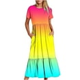 thumbnail image 2 of Dadaria Long Dresses for Women Summer Multi-Color Short Sleeve Beach Dress Maxi Ruched Tiered Flared Dress Gradient Crewneck Casual Dress with Pocket Loungewear Workout Clothes S, 2 of 7