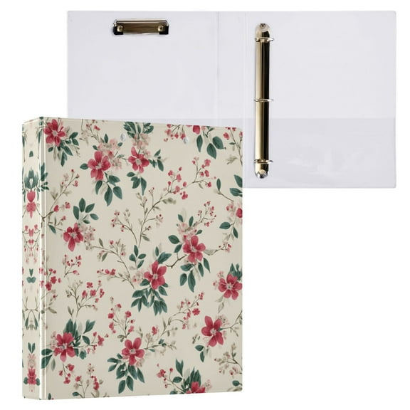 Red Small Floral Pattern 3 Ring Hardcover Binders 1.5in Round Rings for Letter-Size Folder Paper Organizer Pockets for Office Student Recipe