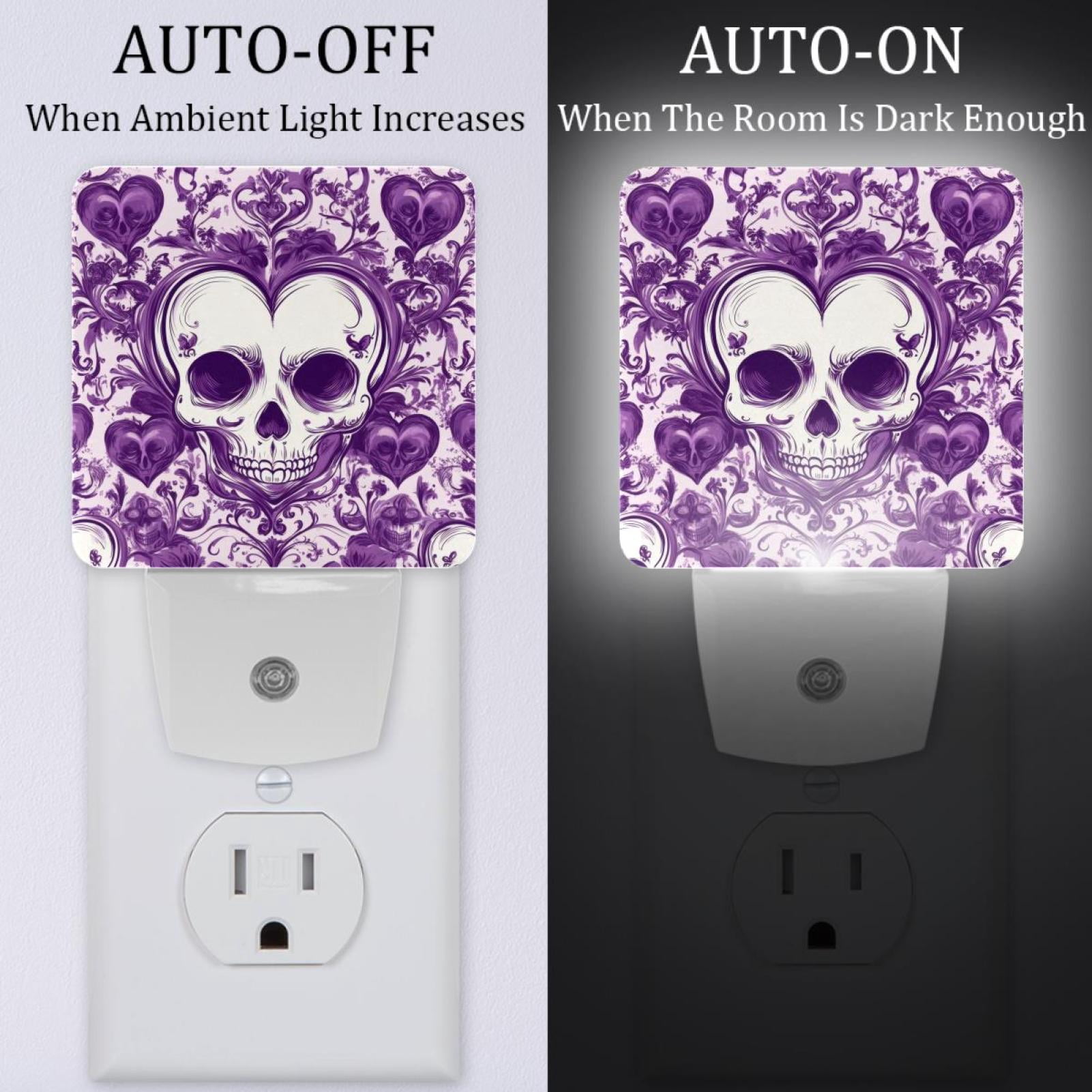 PhooArto Purple Heart Skull Pattern Plug in LED Night Light Auto Sensor Dusk to Dawn Decorative Night for Bedroom, Bathroom, Kitchen, Hallway, Stairs, Baby's Room, Energy Saving