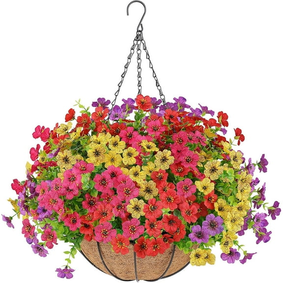 Artificial Flowers Hanging Plants in Basket,Artificial Hanging Flowers for Outdoor Indoor Decor,UV Resistant Hanging Baskets with Fake Flowers for Patio Garden Porch Deck Decoration