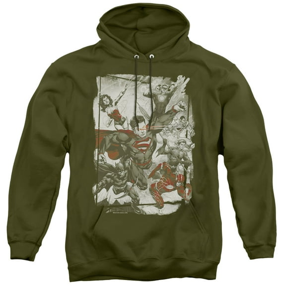 JLA Justice League Green And Red Adult Pullover Hoodie Sweatshirt Military Green