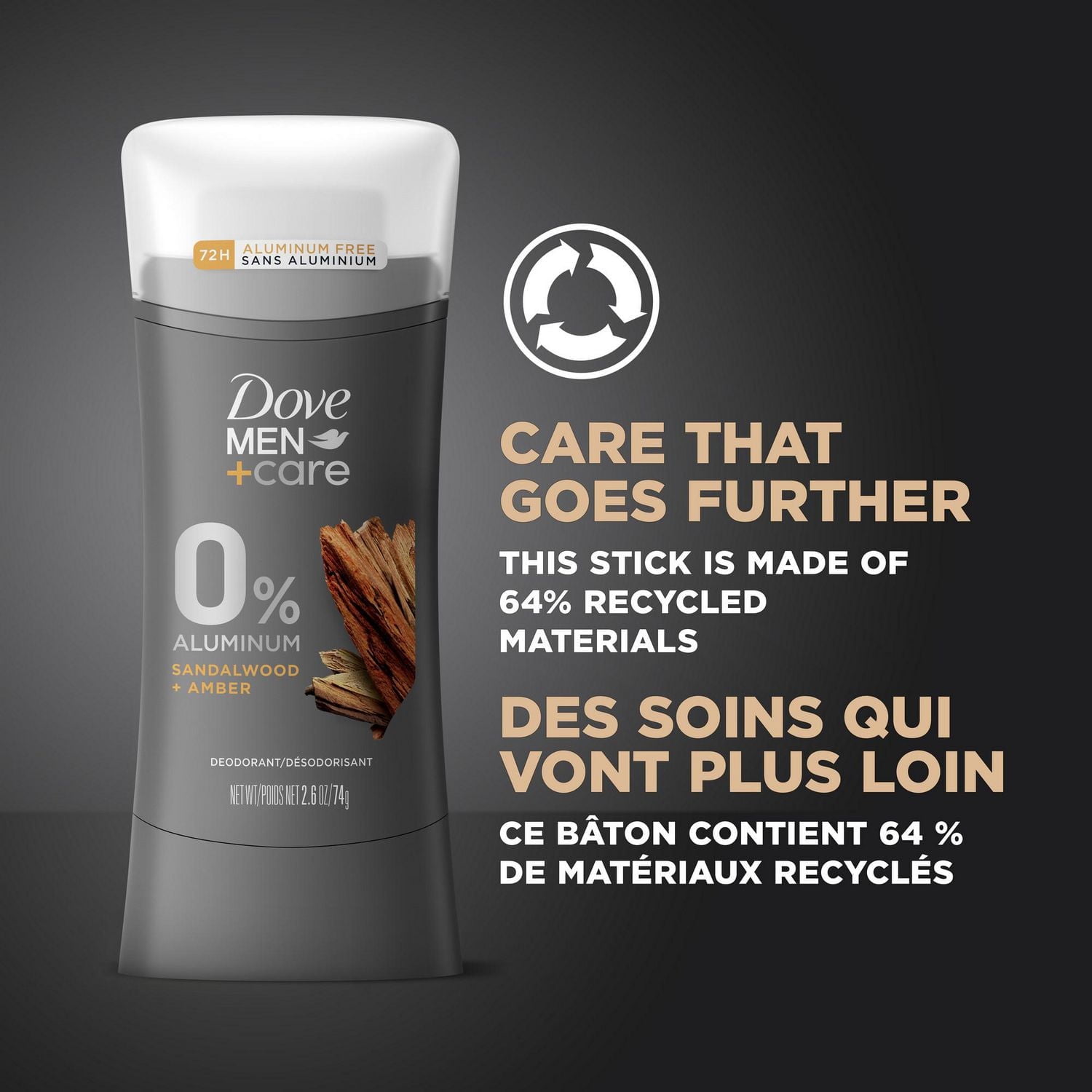 Désodorisant Dove Men+Care 0 % Aluminium Parfum de Bois de Santal et Ambre 74 g Désodorisant