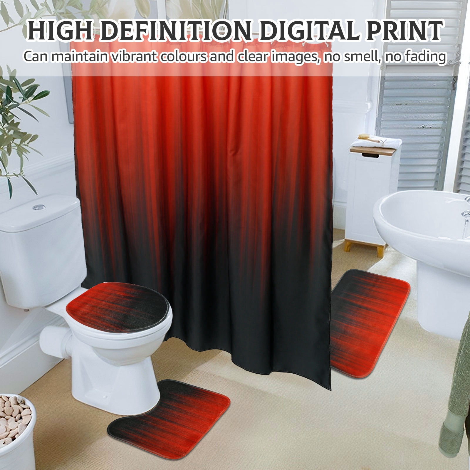 Dznils Black and Red Ombre Shower Curtain Set with Rug, 16pc Modern Bathroom Decor Set, 72" x 72"