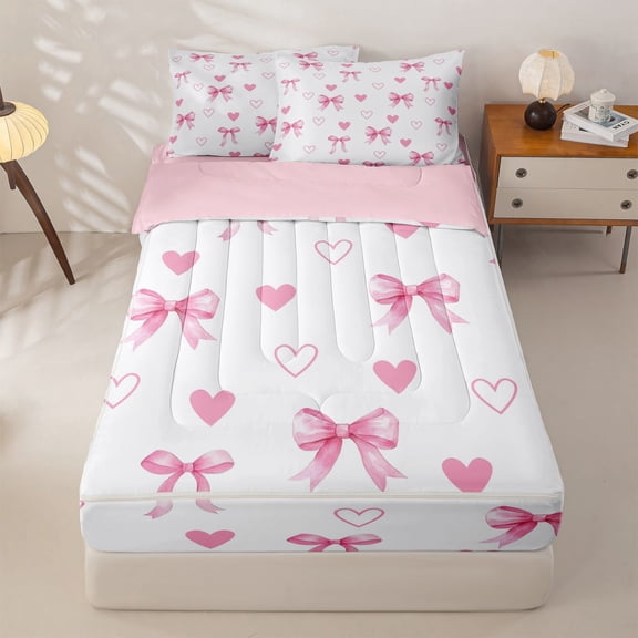 Homewish Girls Bow-Tie Zipper Twin Comforter Sets with Fitted Sheet and 2 Pillowcases,Kawaii Love Hearts Zipper Bedding Set,White Pink,Pink Reversible,4-Piece