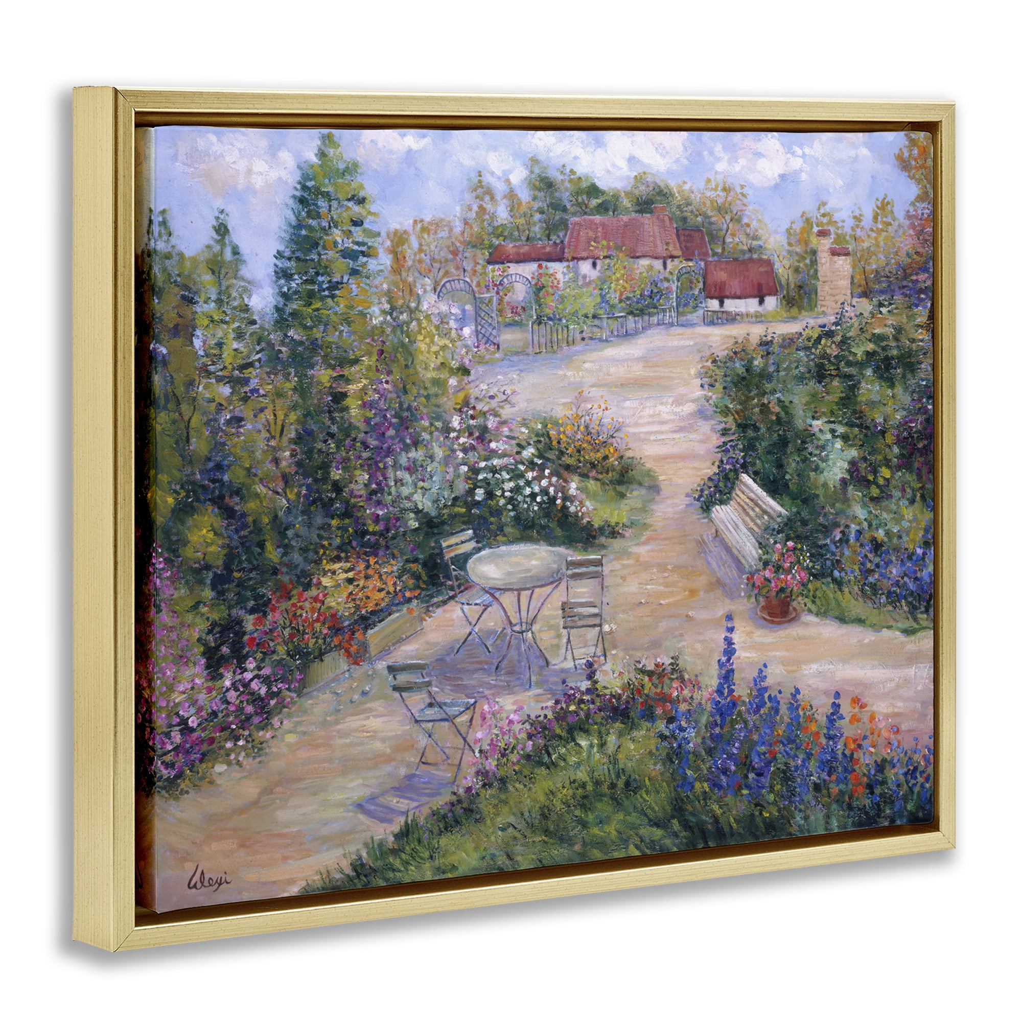 Stupell Industries Spring Garden Benches Landscape & Nature Painting Gold Floater Framed Canvas Art Print Wall Art, 21 x 17