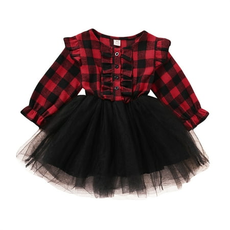 

Christmas Baby Girl Fashion Dress Cute Full Length Petal Sleeve Round Neck Bow Ruffles Decorated Patchwork Car Mini A-line Dress