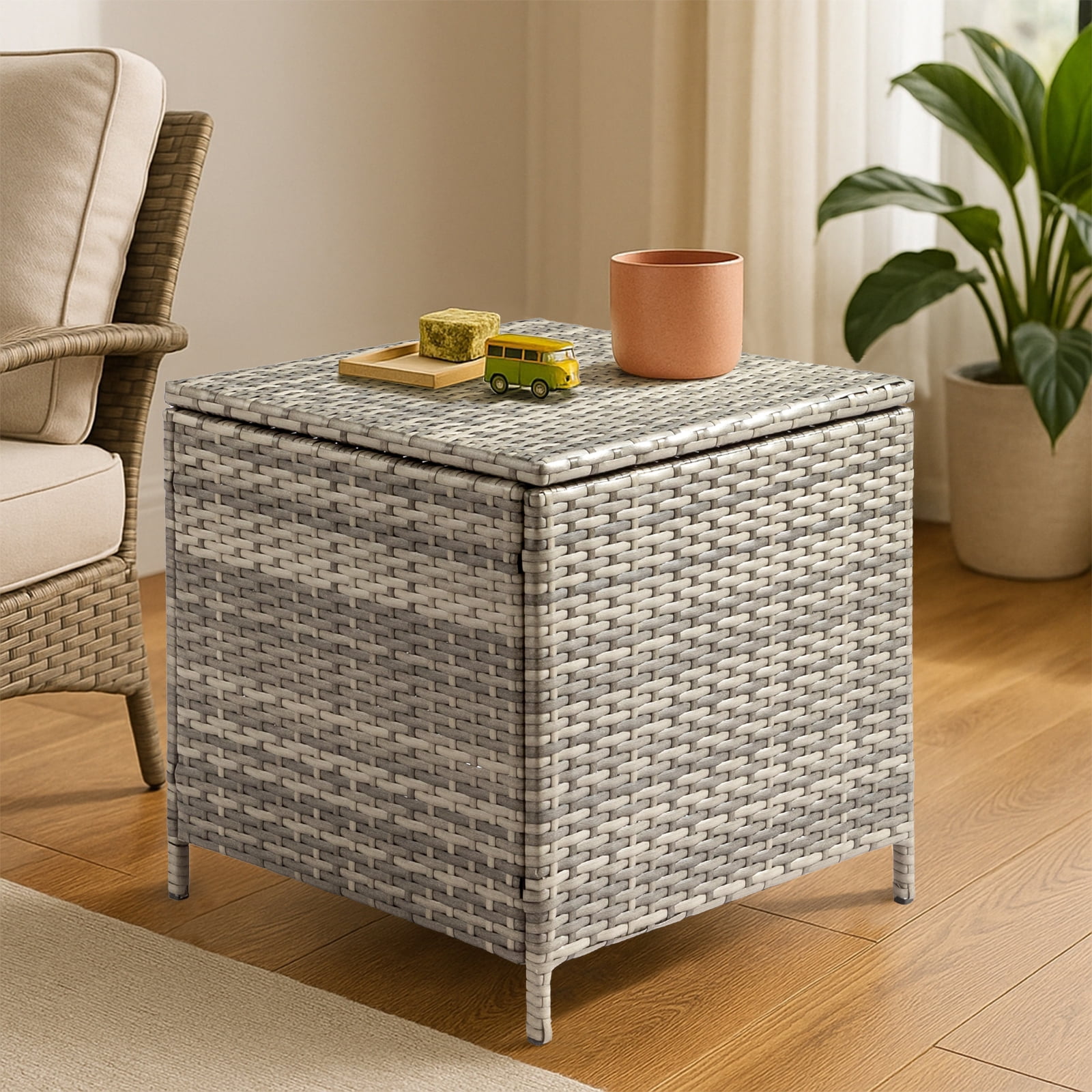 27-Gallon Outdoor PE Wicker Side Table with Storage, All-Weather, Dual-Function, Steel Frame, Grey