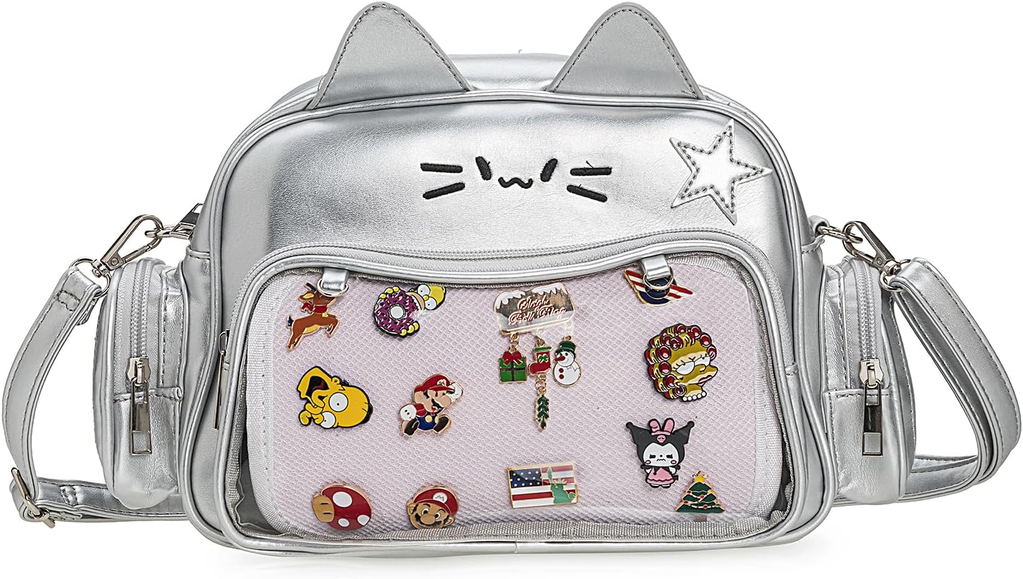 Kwuty Kawaii Ita Bag Backpack Crossbody Bag Cat Shoulder Bags Multi-Purpose Pin Display with Insert