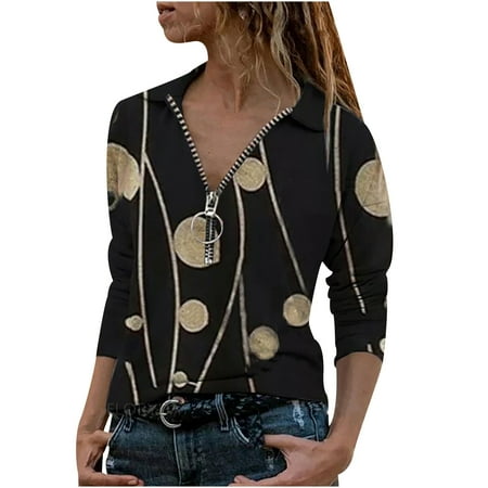 

HHei_K Women Fashion Lapel Dots Print Zipper Long Sleeve Casual Blouse T-shirt Top corset tops for women