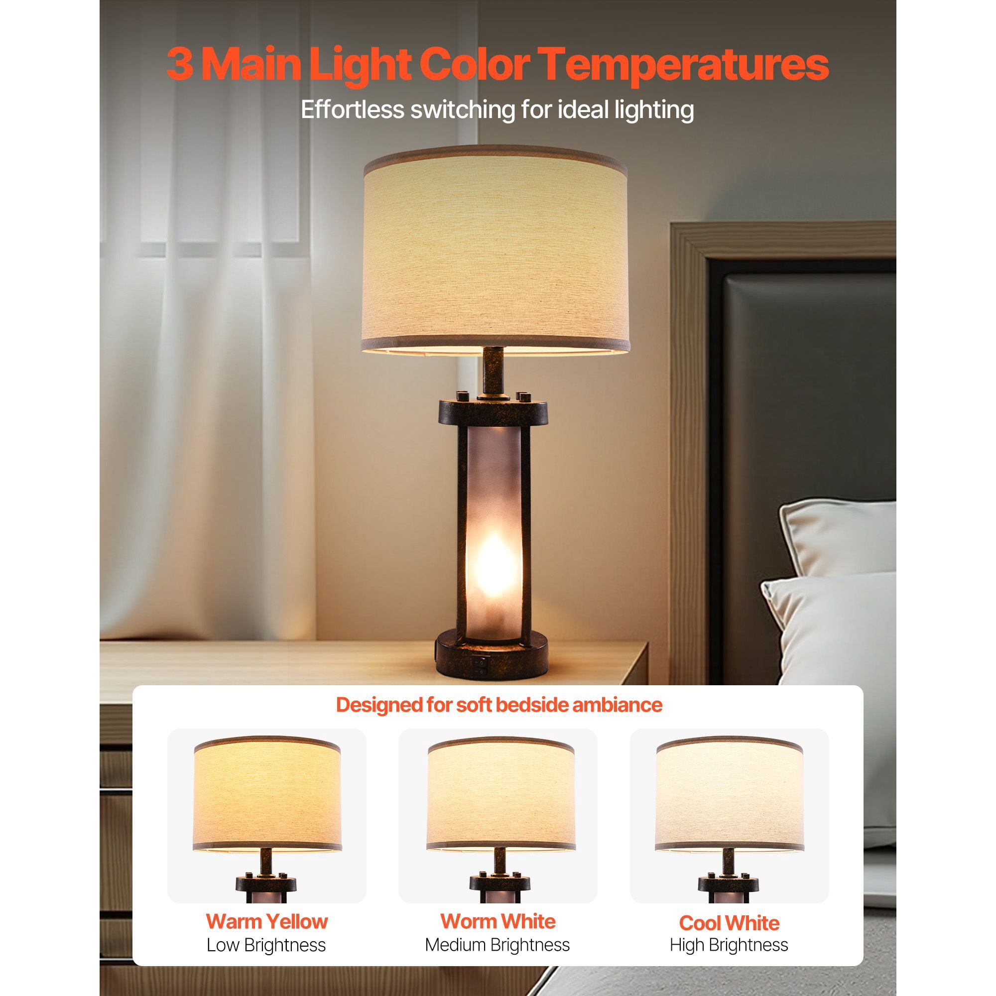 Vintage Table Lamp with Dual Light Sources, USB-A, USB-C & AC Charging Ports, Dimmable, for Bedroom Living Room