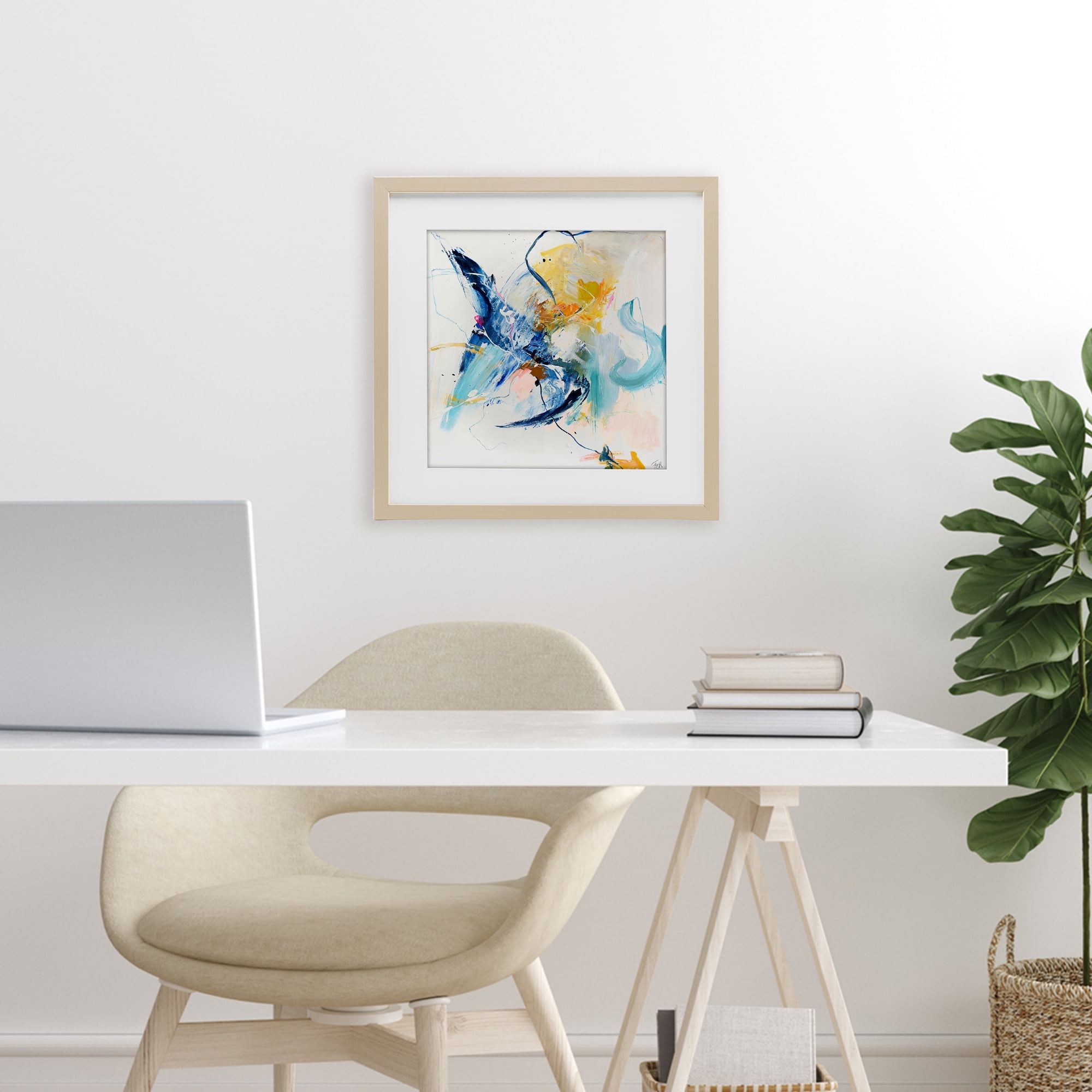 Confident Blue Abstraction Birch Framed Print Under Glass, design by Design Fabrikken