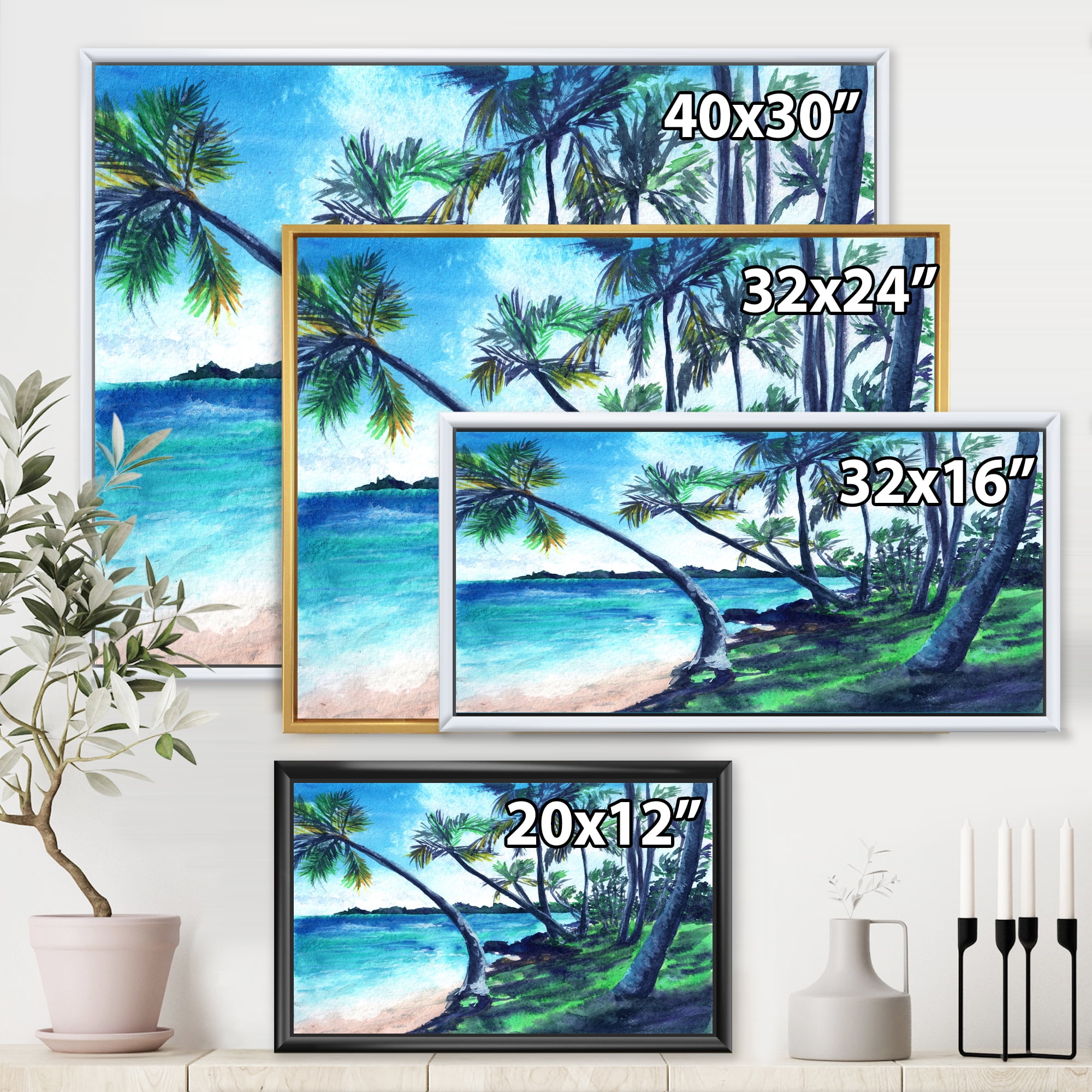 Designart 'Tropical Beach In Summer Paradise With Palm Trees' Nautical & Coastal Framed Canvas Wall Art Print