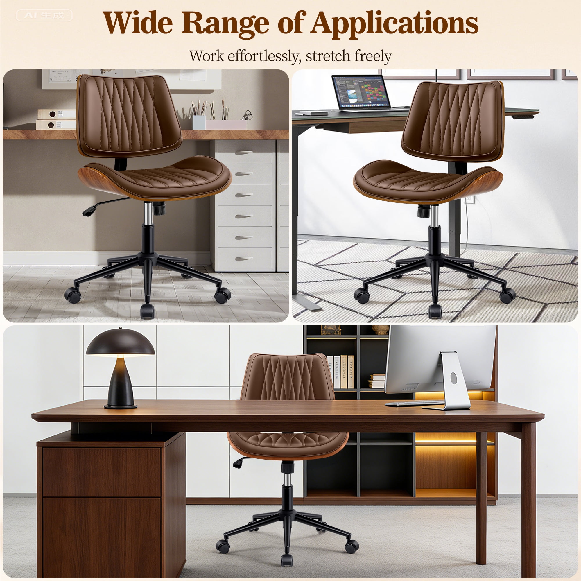 COOLHUT Home Office Chair, Armless Adjustable Height Small Office Desk Chair, PU Leather Swivel Computer Chair, Modern Walnut Bentwood Chair for Office, Reading Meeting Room, Makeup Vanity, Khaki
