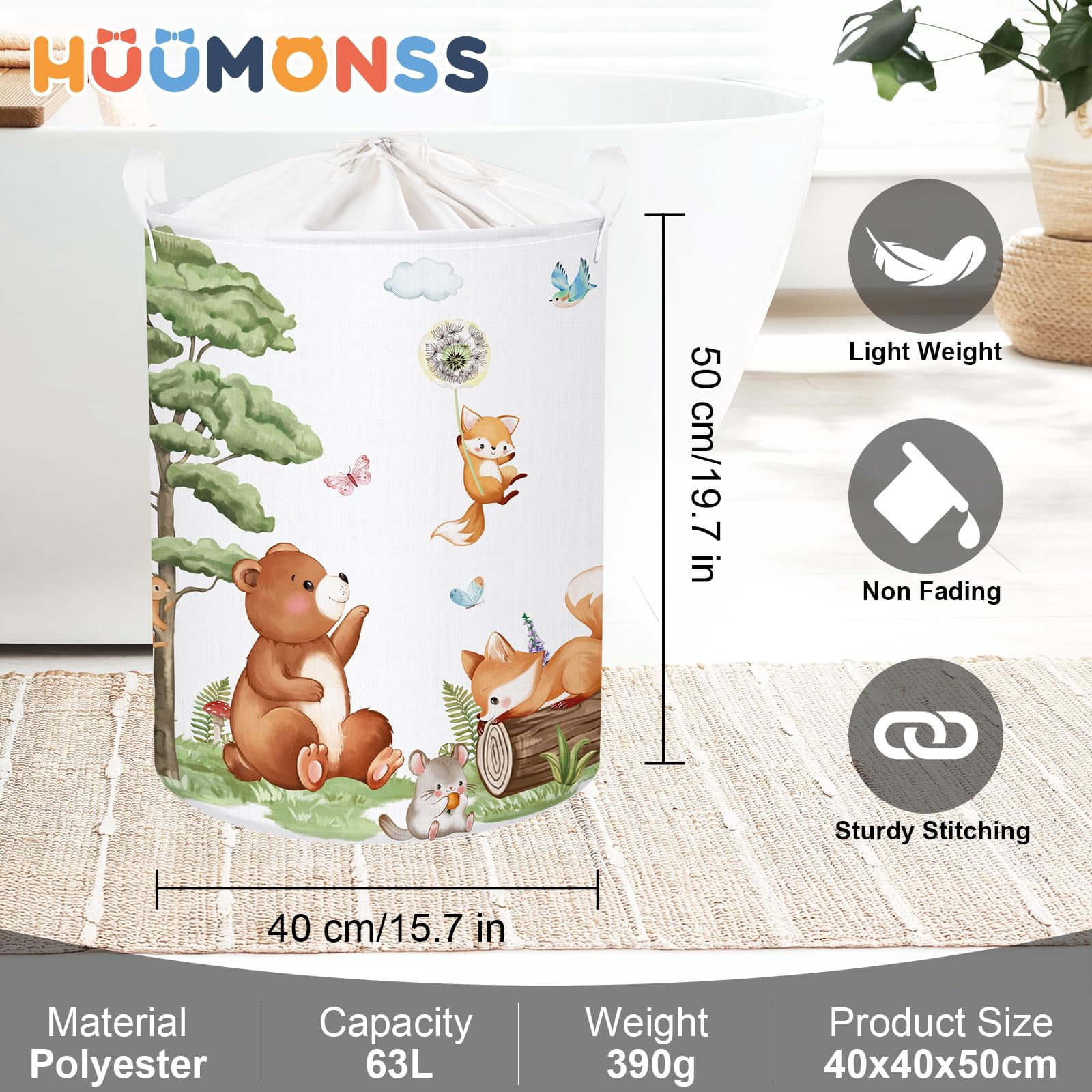 HUUMONSS Forest Animals Baby Laundry Hamper Collapsible Clothes Kids Storage Basket Bear Fox Large Boys Girls Gift Toy Box Bin for Nursery, Deer, 36L