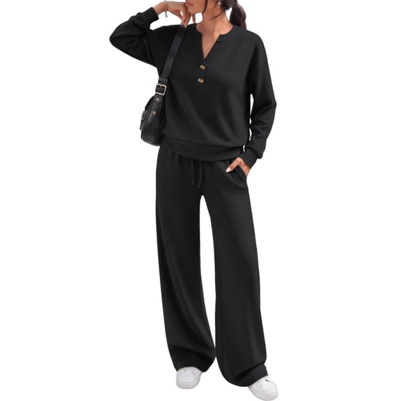 Evdexr Lounge Sets Womens 2 Piece Henley Long Sleeve Shirts & Pants Outfits Fall Winter Vacation Casual Sets Baggy Solid Tracksuits with Pocket S