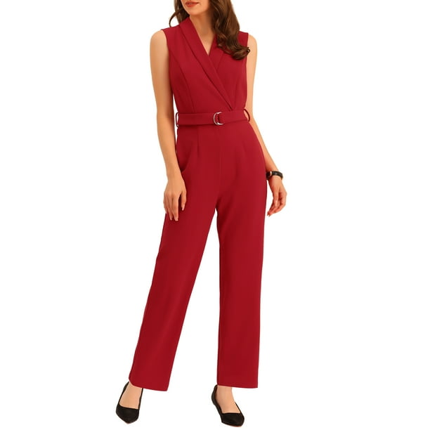 INSPIRAR CHIC Mono Corto Sin Mangas con Solapa para Oficina con Cinturón en Rojo S