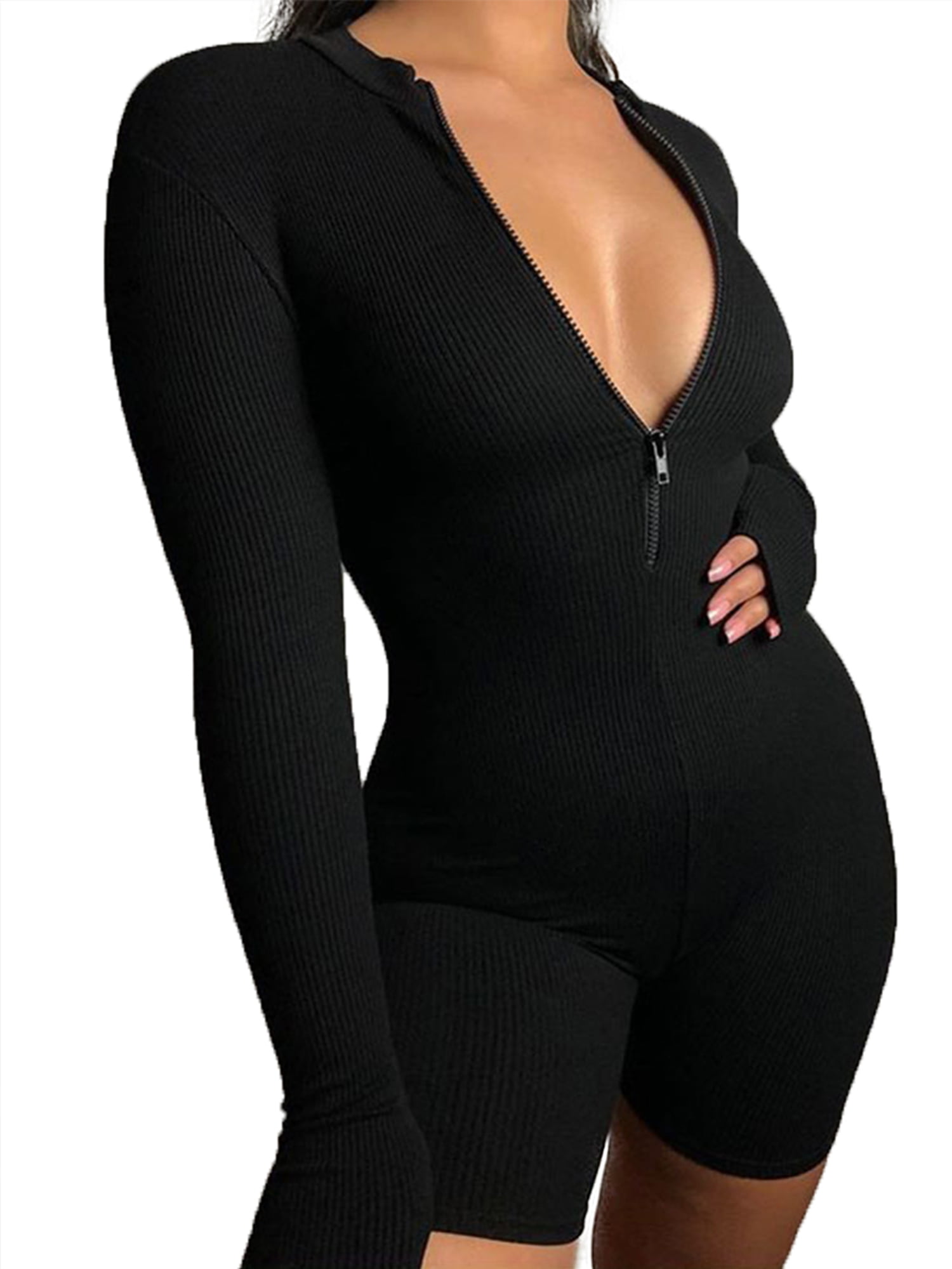 Color : Black, Size : M YAXAN Womens Long Sleeve Zipper Shorts Round Neck Bodysuit Bodycon Rompers Overall Jumpsuit