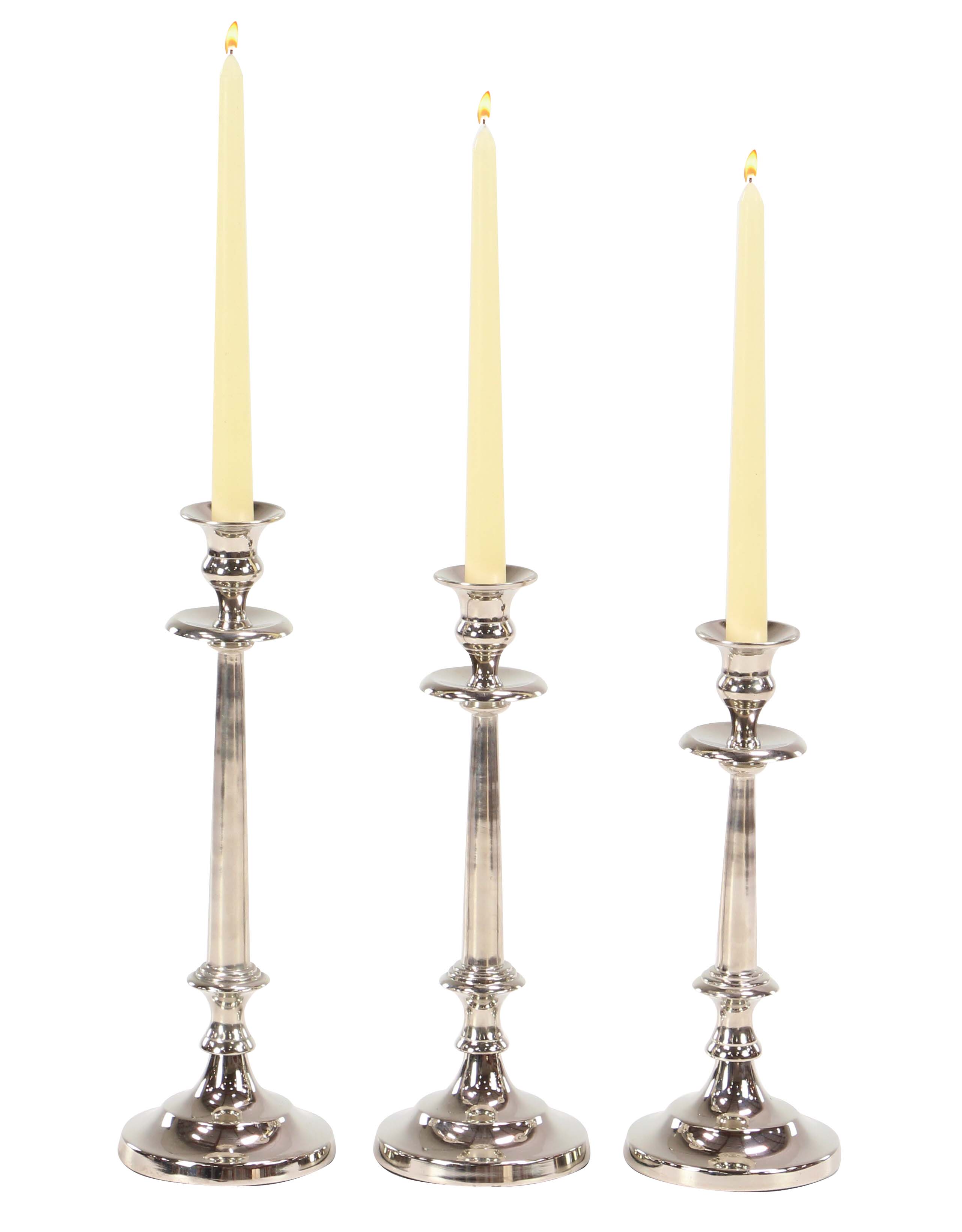 Decmode Set of 3 Traditional Aluminum Silver Tapered Candle Holders, Silver