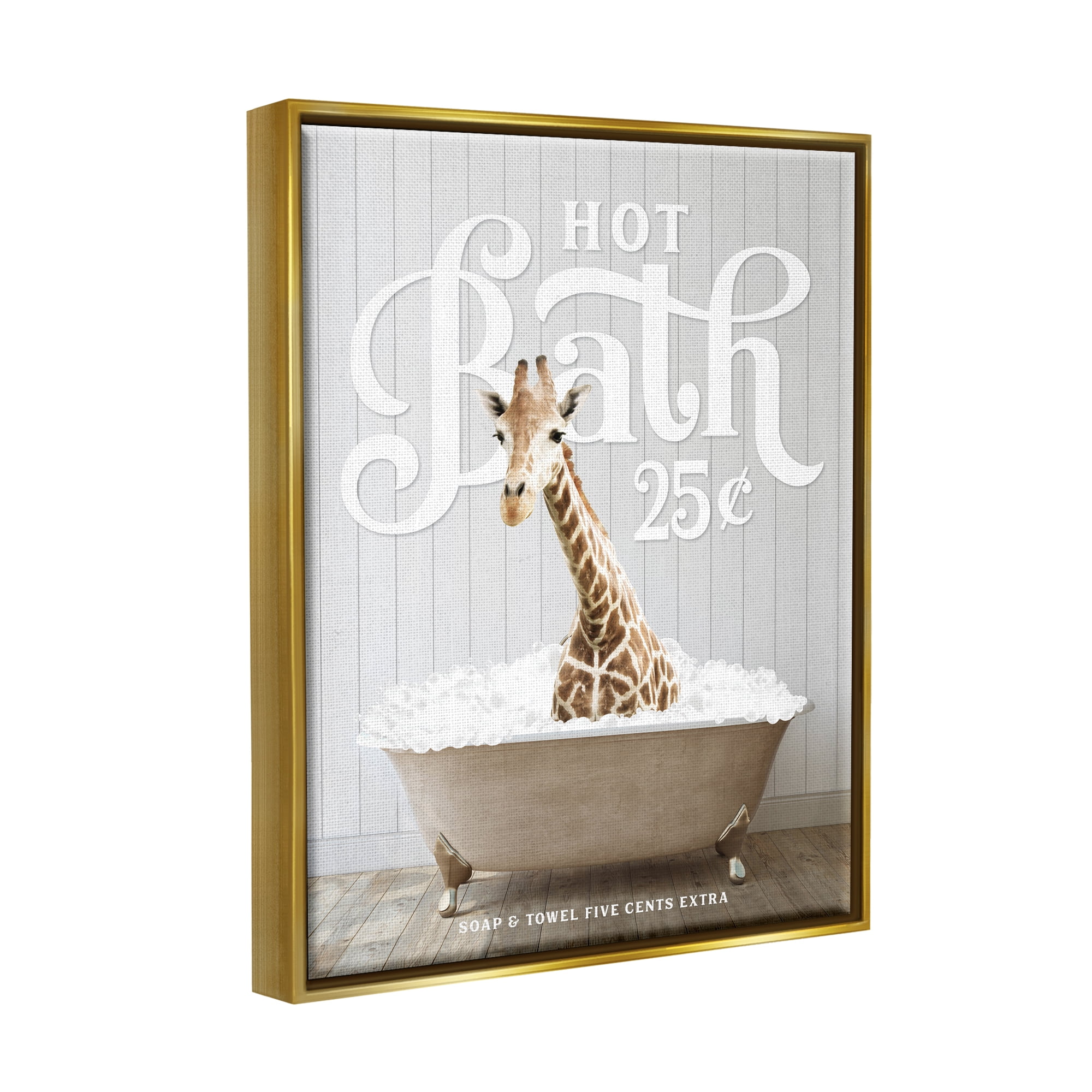 Stupell Industries Vintage Bathroom Giraffe Animals & Insects Painting Gold Floater Framed Art Print Wall Art, 17 x 21