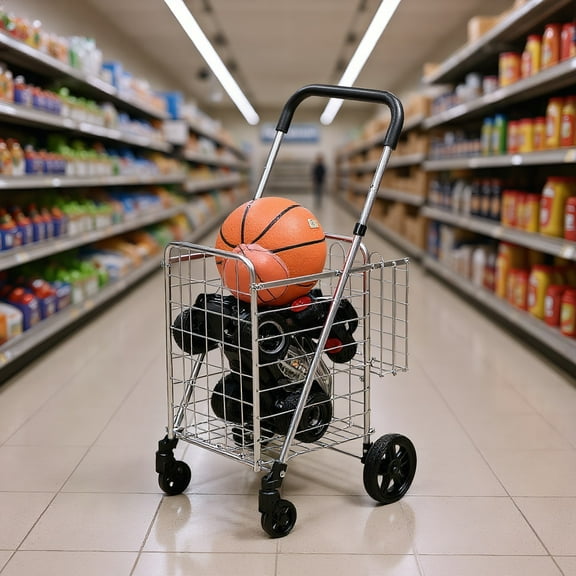 Kadyn Shopping Carts,Shopping Trolley, Grocery Utility Cart,Folding Shopping Cart Basket Rolling Trolley with Adjustable Handle-Silver