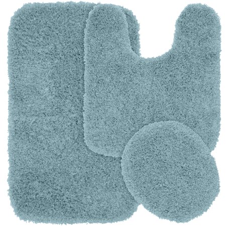 3 Piece Jazz Shaggy Nylon Washable Bathroom Rug Set, Basin Blue