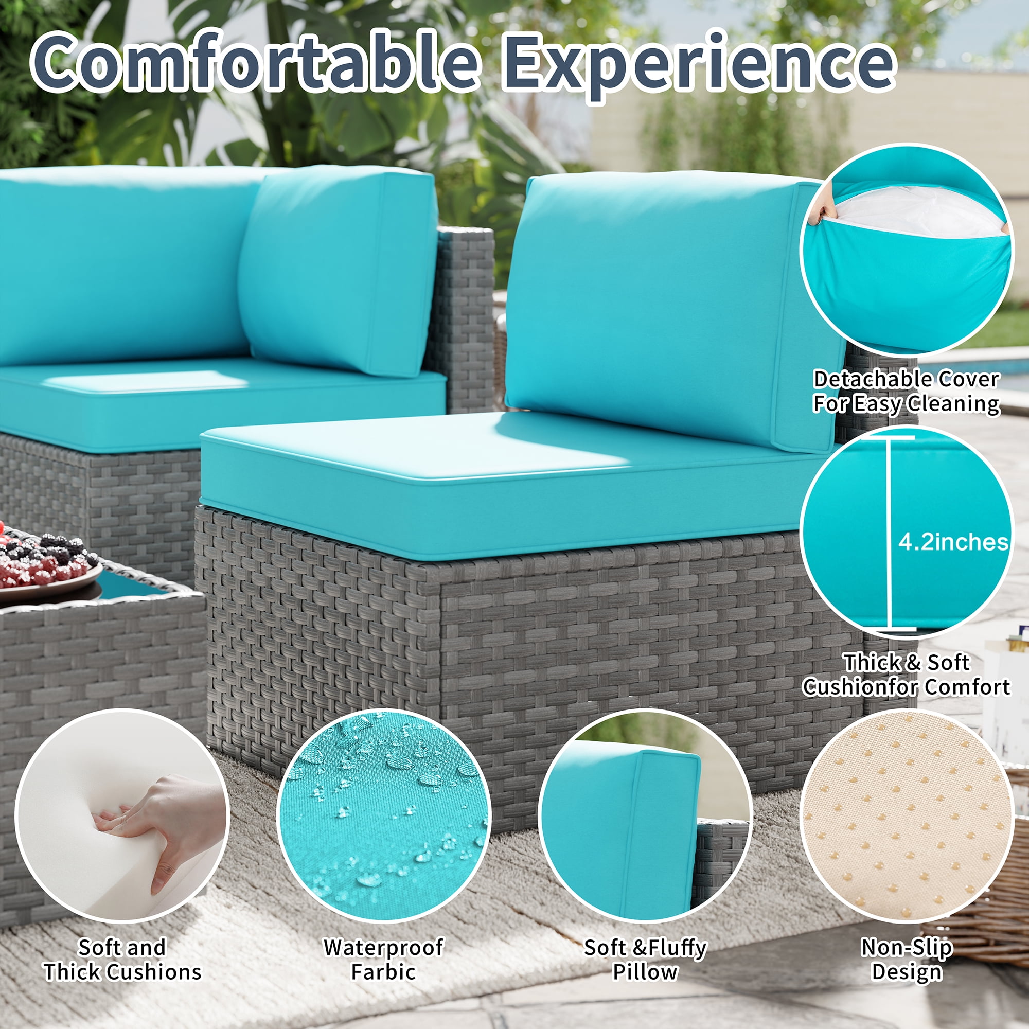 Walsunny 5 Pieces Outdoor Furniture Patio Sectional Sofa Set, Wicker Rattan Conversation Sets with Cushions and Glass Table, Silver Rattan Blue Cushions