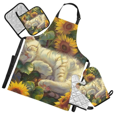 Cat Sleeping in Sunflowers 5 Pcs Kitchen Set Heat Resistant Oven Mitts and Non-Slip Pot Holders with Adjustable Cooking Apron
