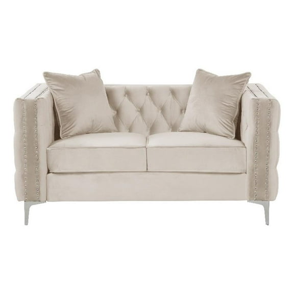 RN Furnishings Chesterfield Button Tufted Velvet Fabric Modern Loveseat-Beige