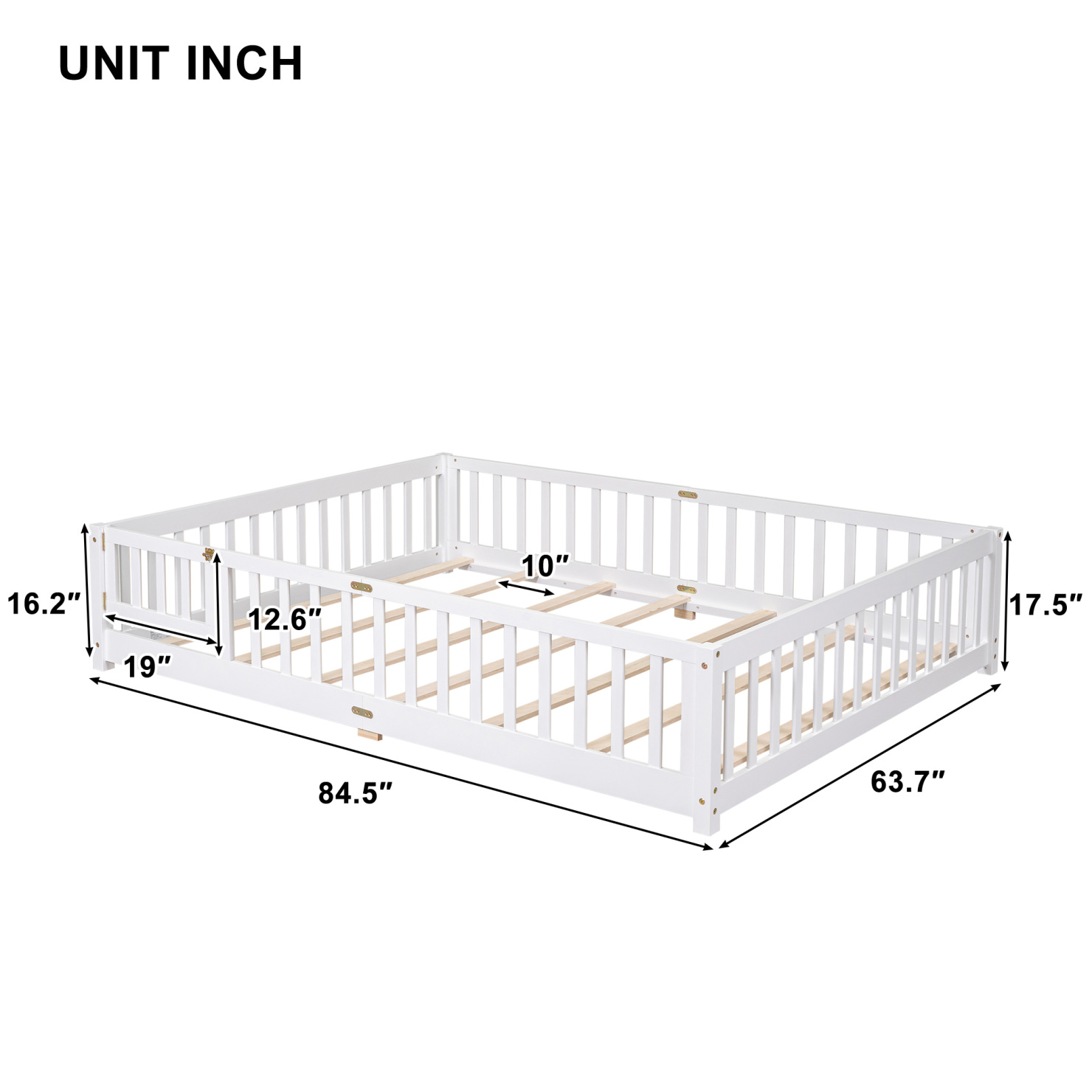 Queen Size Floor Bed for Kids, Wood Platform Bed with Fence and Door, Montessori Bed Frame with Slats Support, Playhouse Bed with Door Design, for Toddler, Boys,Girls,No Box Spring Needed, White