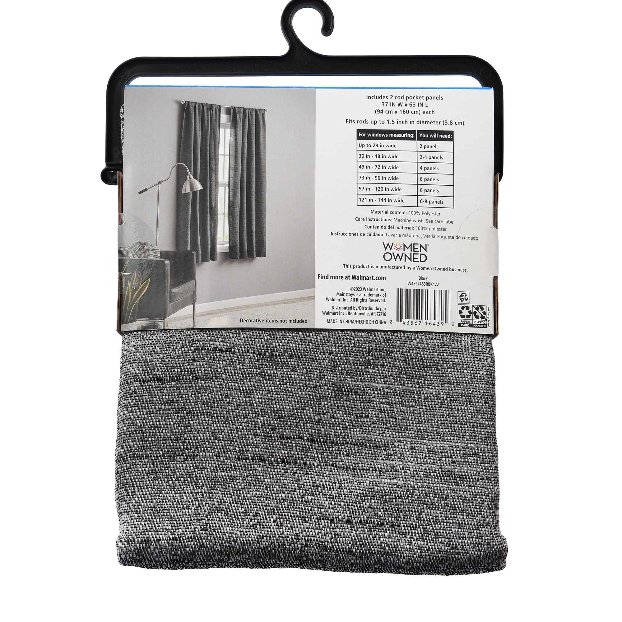 Mainstays Como Textured Light Filtering Curtain Panel Pair, Set of 2, Black, 37” W x 63” L