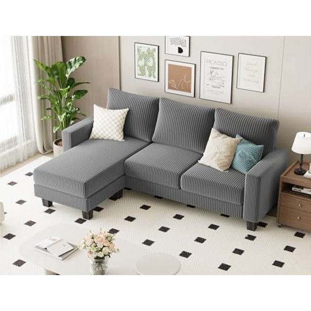 Homall Canapé Sectionnel Convertible, Canapé Moderne en Velours Côtelé en Forme de L 3 Places Sectionnel avec Méridienne Réversible pour Petit Salon, Appartement et Petit Espace