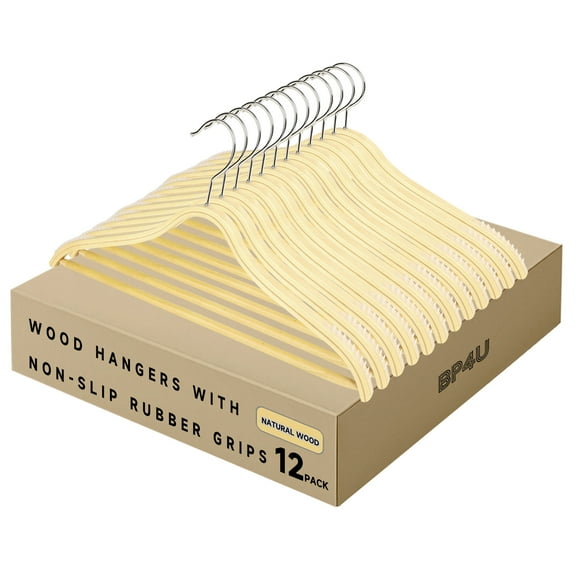 BP4U 24-Pack Wooden Hangers with Pants Bar, Slim Birch Lightweight Birch Wood Hangers with Non-Slip Rubber Strips, Space Saving Profile for Trousers, Sweaters, and Dresses(Natural Wood)